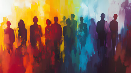 Poster - abstract painting showcases a group of diverse, colorful, and indistinct figures standing together, representing unity, diversity, and shared human experience in a vibrant artistic style