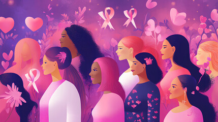 Sticker - illustration depicting women of various backgrounds united in breast cancer awareness month, wearing pink ribbons, surrounded by symbols of love and support, promoting strength and hope