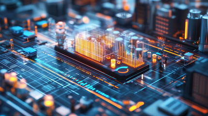 Fototapete - illustration of business process automation concept, showcasing graphs for distribution analysis and consumption monitoring in a high-tech digital environment