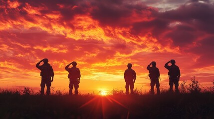 Military honor and patriotism highlighted by USA Army soldiers saluting at sunset