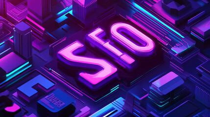 Poster - an isometric illustration with the letters SEO ,illustrating the concept of Search Engine Optimization