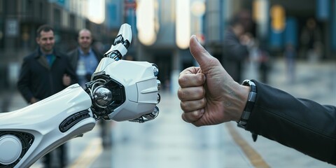 human and robot giving thumbs up in agreement, thumbs up gesture by human and robot partners