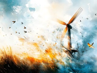 Canvas Print - Windmill with Birds and Butterfly.