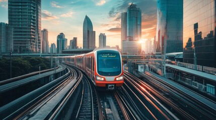 sky trains and mass transportation station with modern building in city background