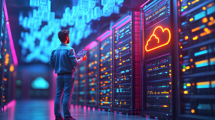 Poster - big data and cloud computing set. 3d illustration of male guy qadir using remote servers to analyzin