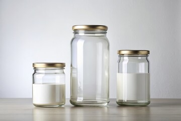 Photo image of tall clear glass jars with white labels and white backgrounds on a clean and minimalist tabletop