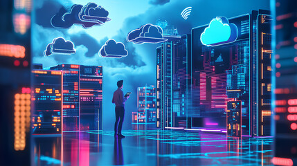 Poster - big data and cloud computing set. 3d illustration of male guy qadir using remote servers to analyzin