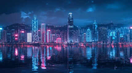 Aufkleber - Smart network and Connection technology concept, Hong Kong digital city background at night in victoria harbour, Cyberpunk color style, Panorama view