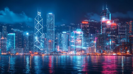 Aufkleber - Smart network and Connection technology concept, Hong Kong digital city background at night in victoria harbour, Cyberpunk color style, Panorama view