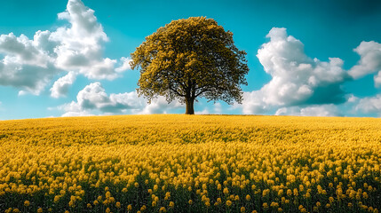 Arbre solitaire dans un champ de colza avec ciel bleu et nuages