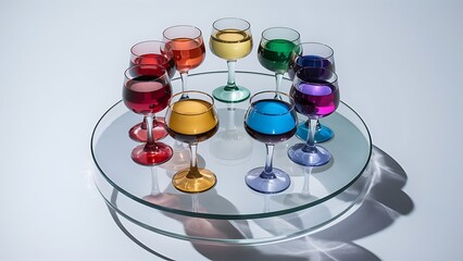 Wine glasses with red, orange, yellow, green, blue, violet liquids stand on a glass surface on a white background