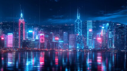 Aufkleber - Smart network and Connection technology concept, Hong Kong digital city background at night in victoria harbour, Cyberpunk color style, Panorama view