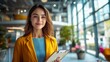 © KN Studio - Confident Leader, Bright Future: A young businesswoman in a vibrant yellow blazer smiles confidently in a modern office, clipboard in hand, embodying ambition and success.
