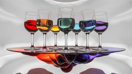 Wine glasses with red, orange, yellow, green, blue, violet liquids stand on a glass surface on a white background