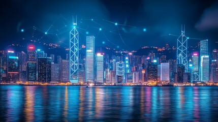 Wall Mural - Smart network and Connection technology concept, Hong Kong digital city background at night in victoria harbour, Cyberpunk color style, Panorama view