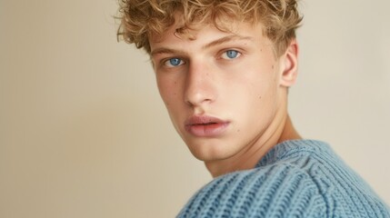 Wall Mural - A young man with blue hair and a blue sweater is posing for a photo