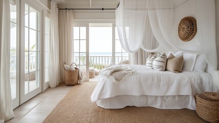 Wall Mural - A cozy coastal bedroom with a white canopy bed draped in soft linens, nautical-themed pillow