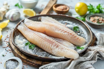 Fresh, uncooked fish fillets are displayed on a plate with herbs and lemon, ready for a delicious meal preparation.