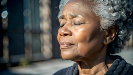 Grateful Senior African American woman closing eyes in Spiritual contemplation standing outside, close-up face of one black elderly gray hair lady in 80s feeling presence of GOD