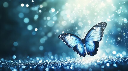 Wall Mural - Glittering blue banner flows with a butterfly soaring towards light and space.