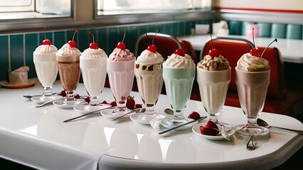 Row of various sweet milkshakes with cherries in glasses on the table