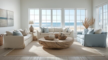 Wall Mural - A serene coastal living room with whitewashed wooden floors