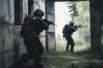 Two soldiers in tactical gear cautiously advancing through an open entrance of a dilapidated building, poised for action in a potentially hostile environment.