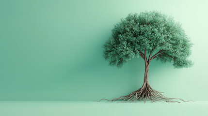 tree with roots on a light green background representing environmental and ecological protection and global warming 