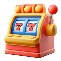 3D Colorful toy slot machine with spinning reels and bright, playful design. Perfect for entertainment concepts and games. transparent background