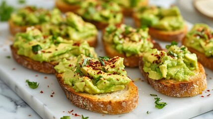 Avocado bruschetta with a sprinkle of red pepper flakes, served on a marble platter