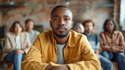 Wall Mural - Sad depressed black man at support group meeting for mental health, anonymous community. 