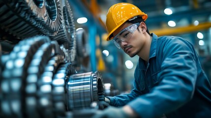 Focused on Precision: An Industrial Worker's dedication and skill are evident as he carefully inspects a complex piece of machinery in a well-lit factory setting. This image captures the essence of cr