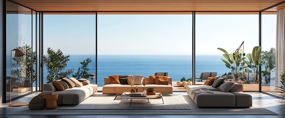 Wall Mural - Modern living room with panoramic ocean views through floor-to-ceiling windows.