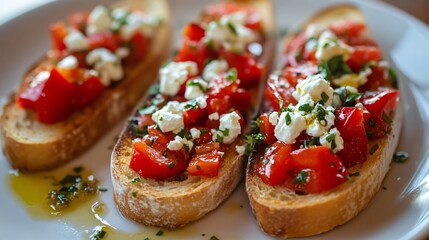 Wall Mural - Bruschetta topped with roasted red peppers, creamy feta, and a drizzle of olive oil