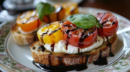 Wall Mural - Bruschetta with heirloom tomatoes, fresh mozzarella, and a balsamic reduction on a vintage plate