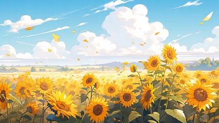 A vibrant landscape of sunflowers under a blue sky with fluffy clouds, radiating warmth and beauty of nature in full bloom.