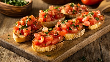 Wall Mural - Classic tomato bruschetta with a garlic-rubbed toast, served on a vintage wooden board