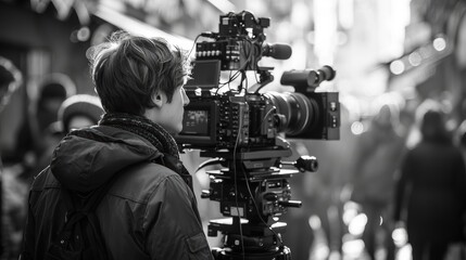 Wall Mural - a candid black and white photograph of a filmmaker standing behind a professional camera setup, capt