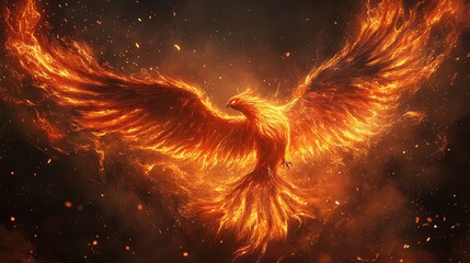 Wall Mural - A fiery phoenix soars through a dramatic sky, its wings ablaze with a radiant glow.