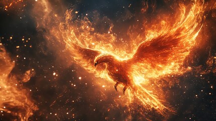 Wall Mural - A fiery phoenix soars through a dramatic sky, its wings ablaze with a radiant glow.