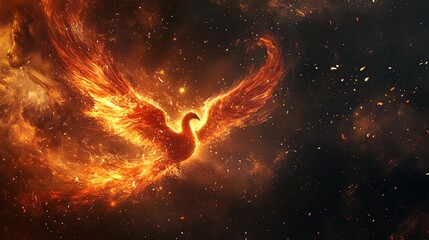 Wall Mural - A fiery phoenix soars through a dark sky, its wings ablaze with incandescent light.