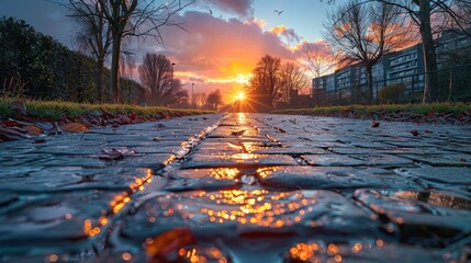 Wall Mural - A picturesque view of a cobblestone path leading towards the setting sun with scattered leaves and wet stones reflecting the brilliant hues of the sunset sky