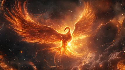 Wall Mural - A fiery phoenix soars through a dramatic sky, its wings ablaze with a radiant glow.