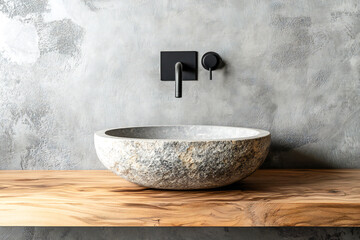 Minimalist interior design of modern bathroom. Close up of stylish stone round vessel sink.