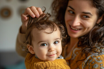 Canvas Print - AI generated photo of cute charming baby hugging with mom