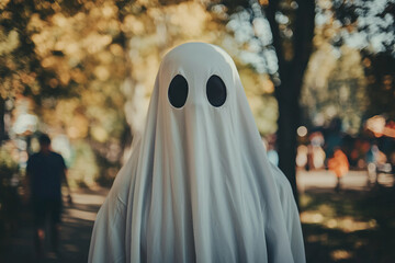 Funny halloween character person or animal wearing white blanket pretending scary ghost, Generative AI