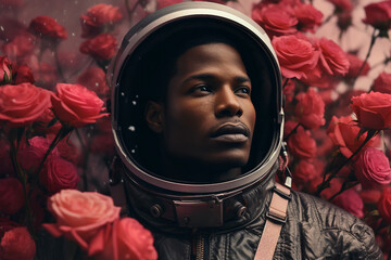 Ai generated futuristic image of young man cosmonaut surrounded red flowers generative ai