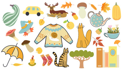  color isolated autumn fall vector illustrations set. elements for stickers banner poster print design decor backgrounds