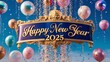 © Ruslan Abdullin - Festive New Year 2025 celebration banner with colorful balloons and confetti on a sky-blue background