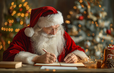 Santa Claus at his desk writing replies to children letters